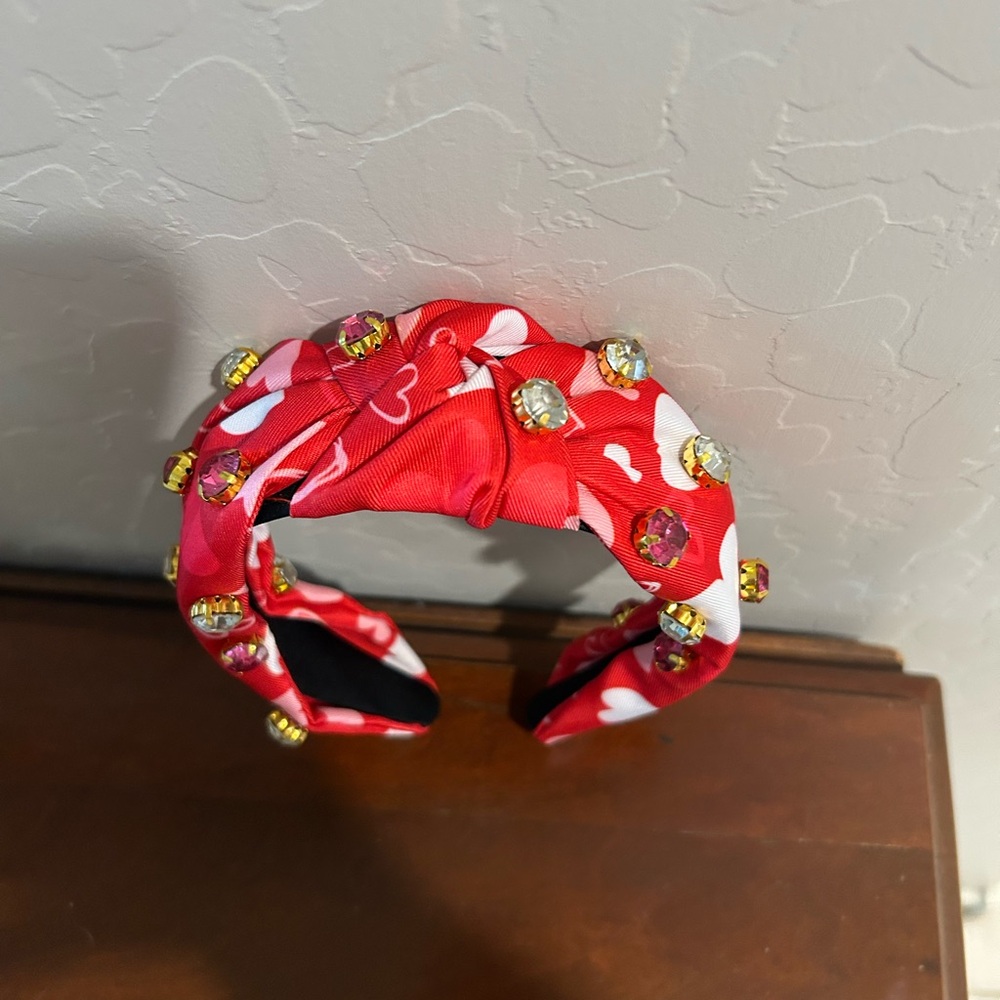 Red Heart-Print Jeweled Knotted Headband - Women Accessories
